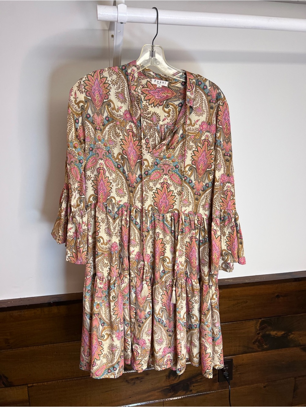 Paani Pink Paisley Tiered V-Neck Dress- M